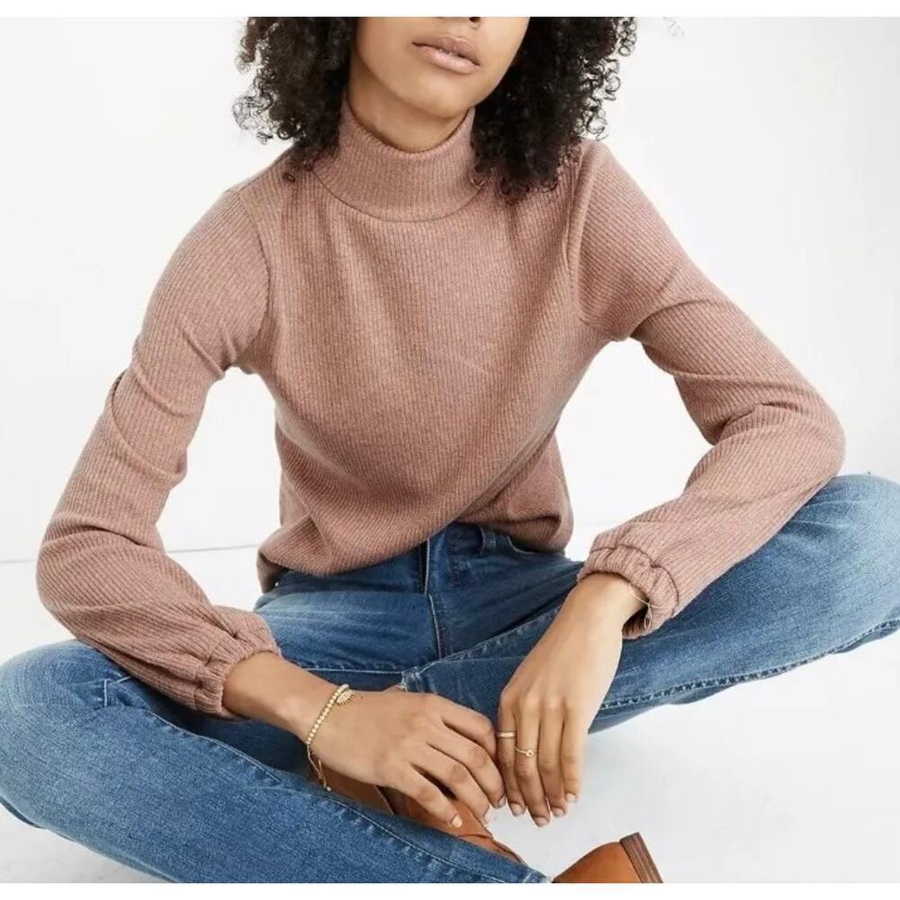 Madewell Turtleneck Sweater Top Ribbed Knit Pullover Balloon Sleeve Pink Size L